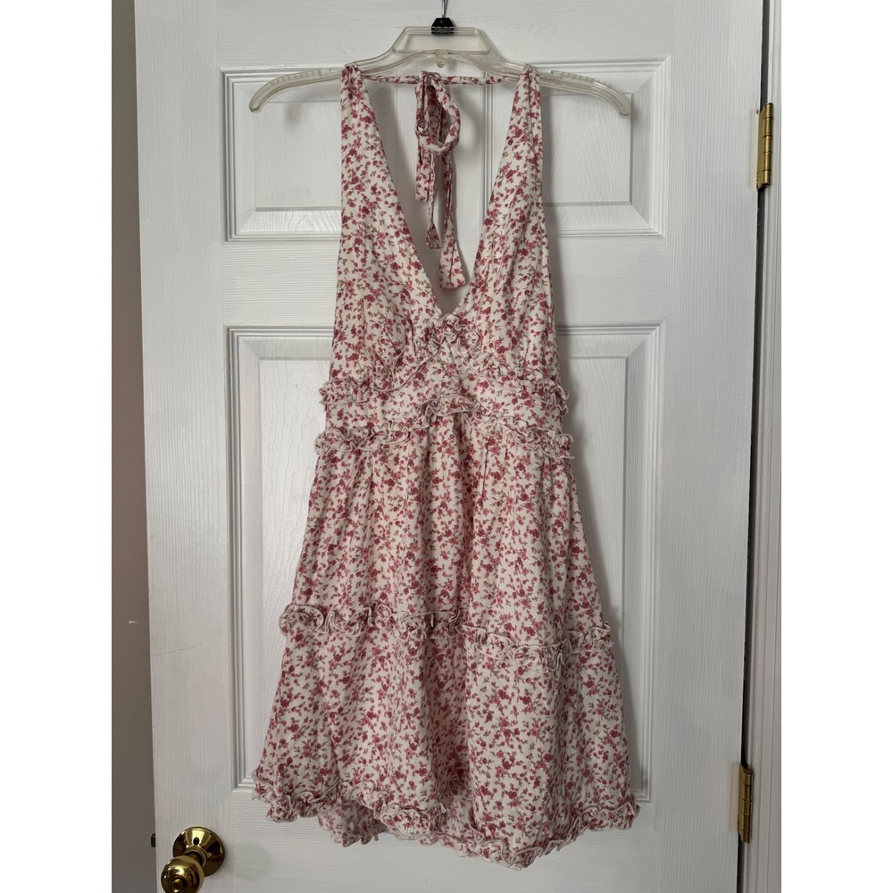 Trixxi Pink Floral Halter Mini Dress Ruffle Tiered V-Neck Open Back Size M